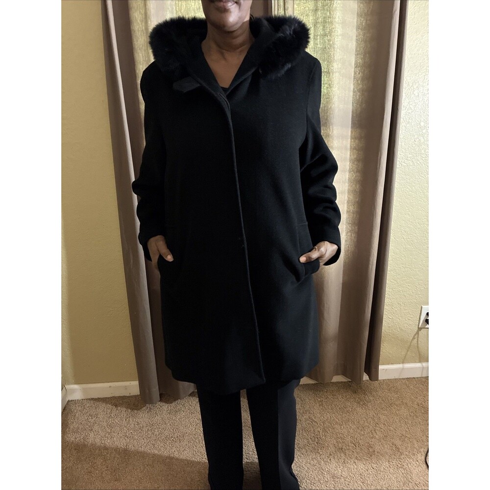 Ellen Tracy Womens Black Wool Blend Hooded Coat W/ Blue Fox Fur Trim Size 18W
